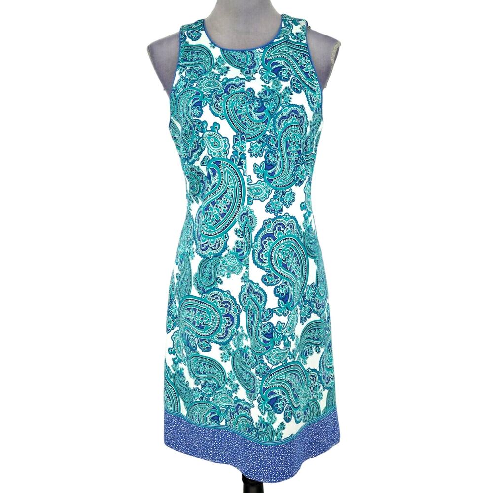 Ann Taylor Dress Womens 8 Green Blue White Paisley Lined Sheath Stretch Cotton
